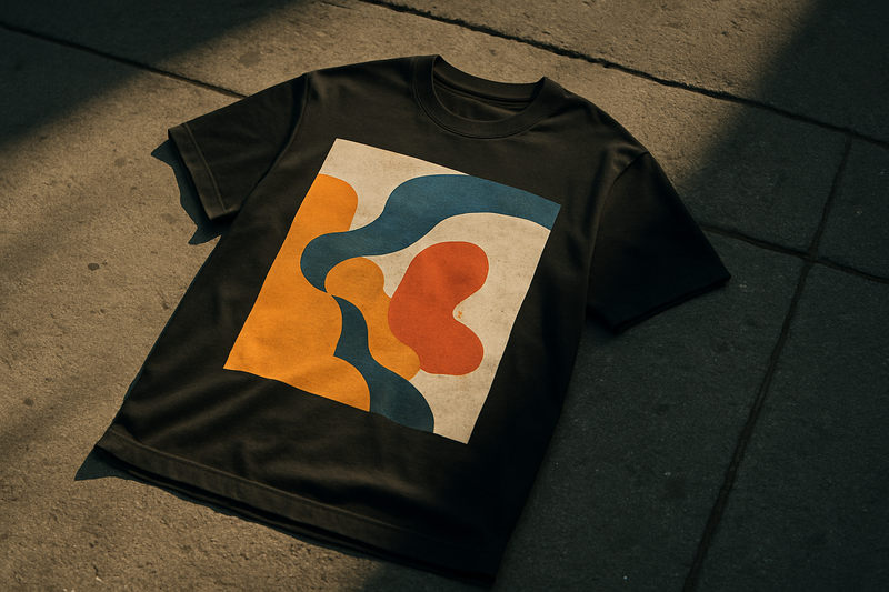 a modern t-shirt with creative custom print lying flat on the street, viewed from above or slight top-down angle, urban environment, sunlight casting soft shadows, realistic fabric texture, streetwear vibe, cinematic photography style, minimal composition, no logos, no brand names, photorealistic, focus on the t-shirt, horizontal aspect ratio, premium fashion aesthetic
--ar 16:9 --v 6 --style raw
